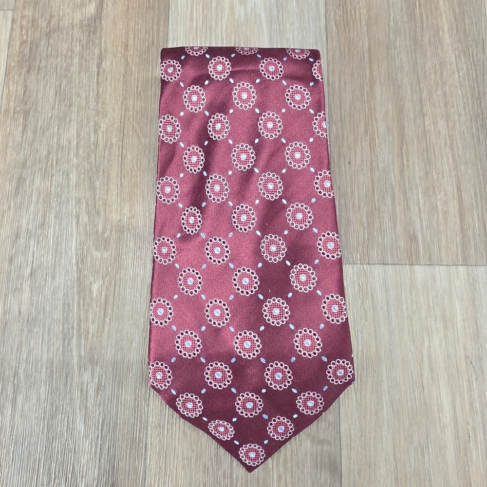 Ziggurat Mens Silk Necktie Burgundy Medallion Pattern Hand Made Formal Tie